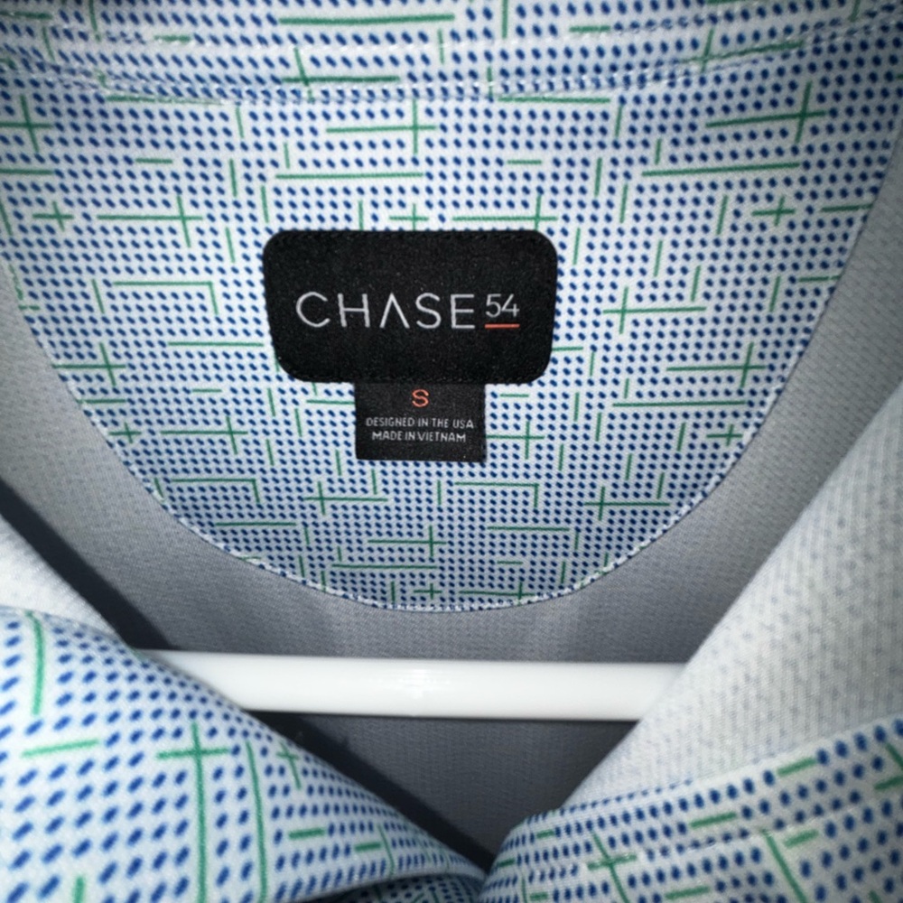 CHASE54 Men’s White Dress Shirt with Blue & Green Pattern